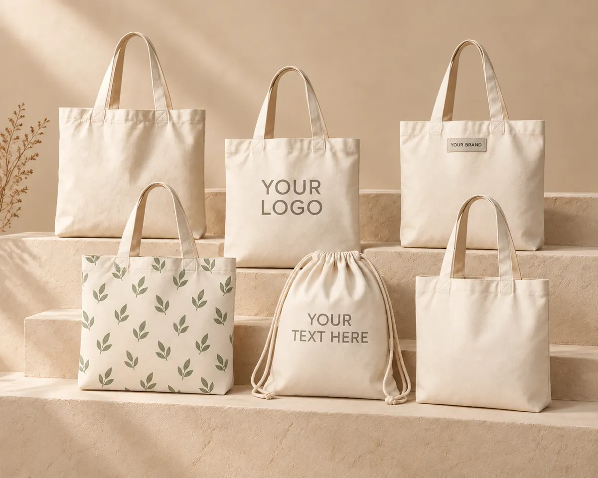 Blank cotton tote bags ready for logo printing