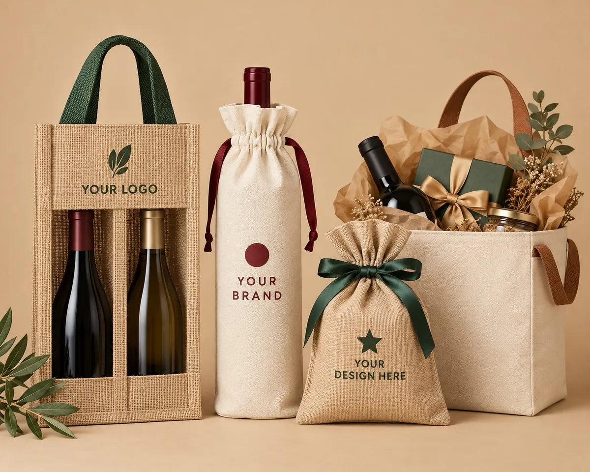 Jute wine bottle bag with rope drawstring, wholesale