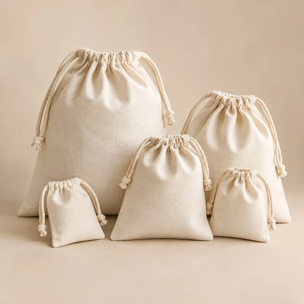 Cotton drawstring potli pouches in several sizes