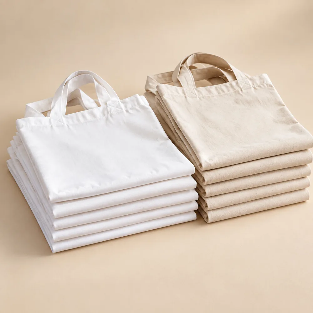 Stacks of plain wholesale cotton tote bags ready for bulk order