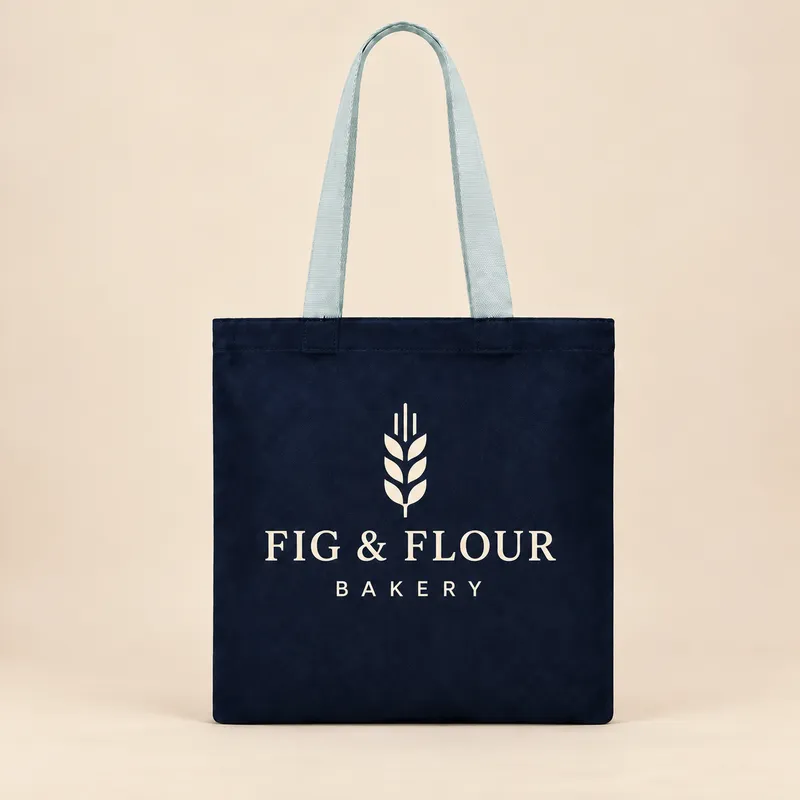 Canvas tote printed with a fictional FIG & FLOUR bakery logo (demo)