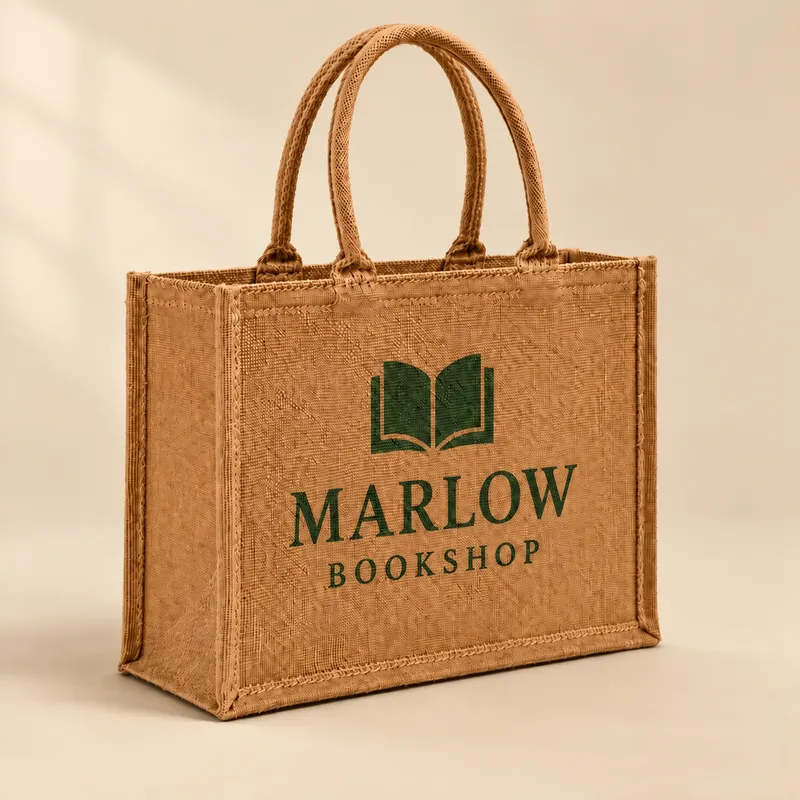 Jute tote printed with a fictional MARLOW bookshop logo (demo)