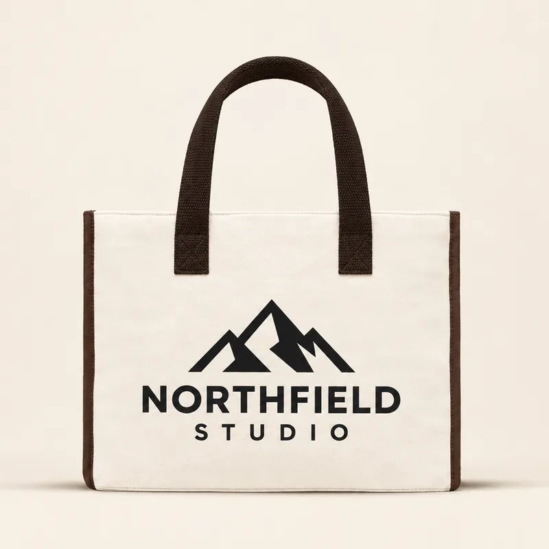Canvas box tote printed with a fictional NORTHFIELD studio logo (demo)