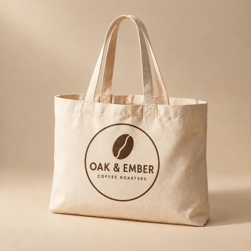 Cotton tote printed with a fictional OAK & EMBER coffee roasters logo (demo)