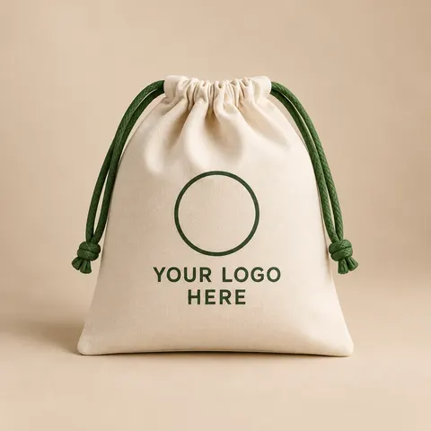 Cotton drawstring bag with a placeholder YOUR LOGO HERE print, wholesale