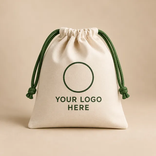 Cotton drawstring bag with a placeholder YOUR LOGO HERE print, wholesale