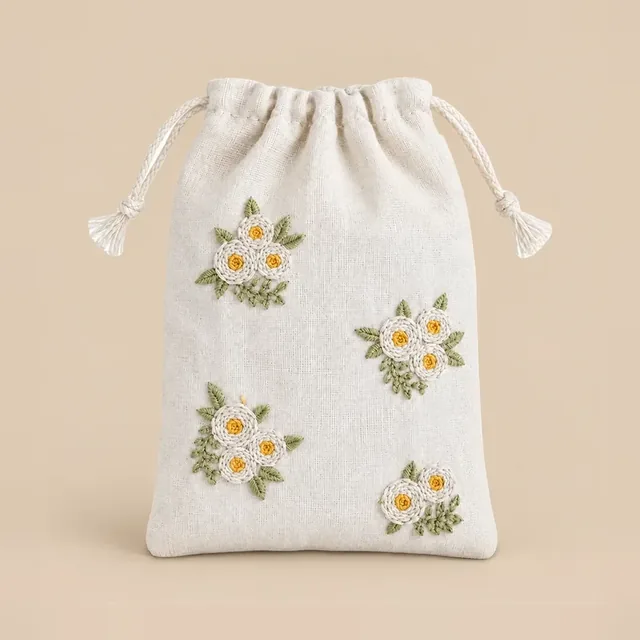 Embroidered Drawstring Pouch, Daisy Bloom for wholesale, bulk supply