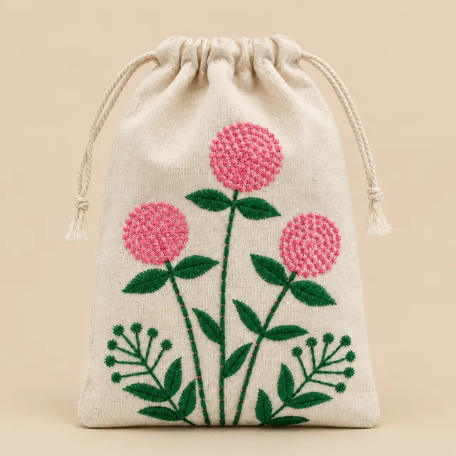Embroidered Drawstring Pouch, Pink Meadow for wholesale, bulk supply