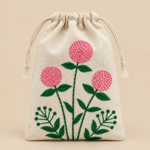 Embroidered Drawstring Pouch, Pink Meadow for wholesale, bulk supply