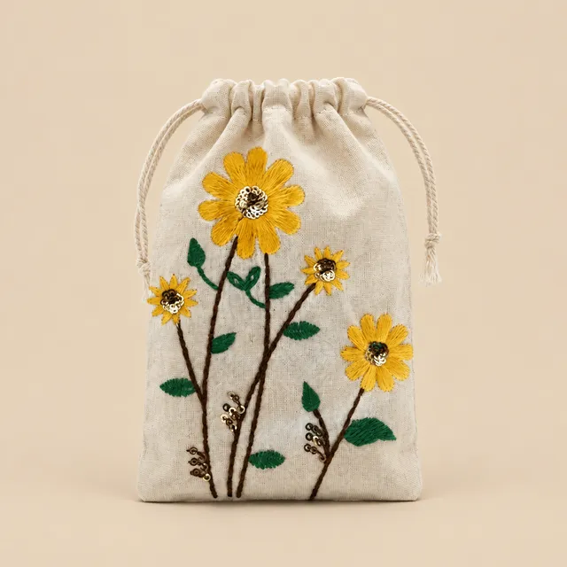 Embroidered Drawstring Pouch, Sunflower for wholesale, bulk supply