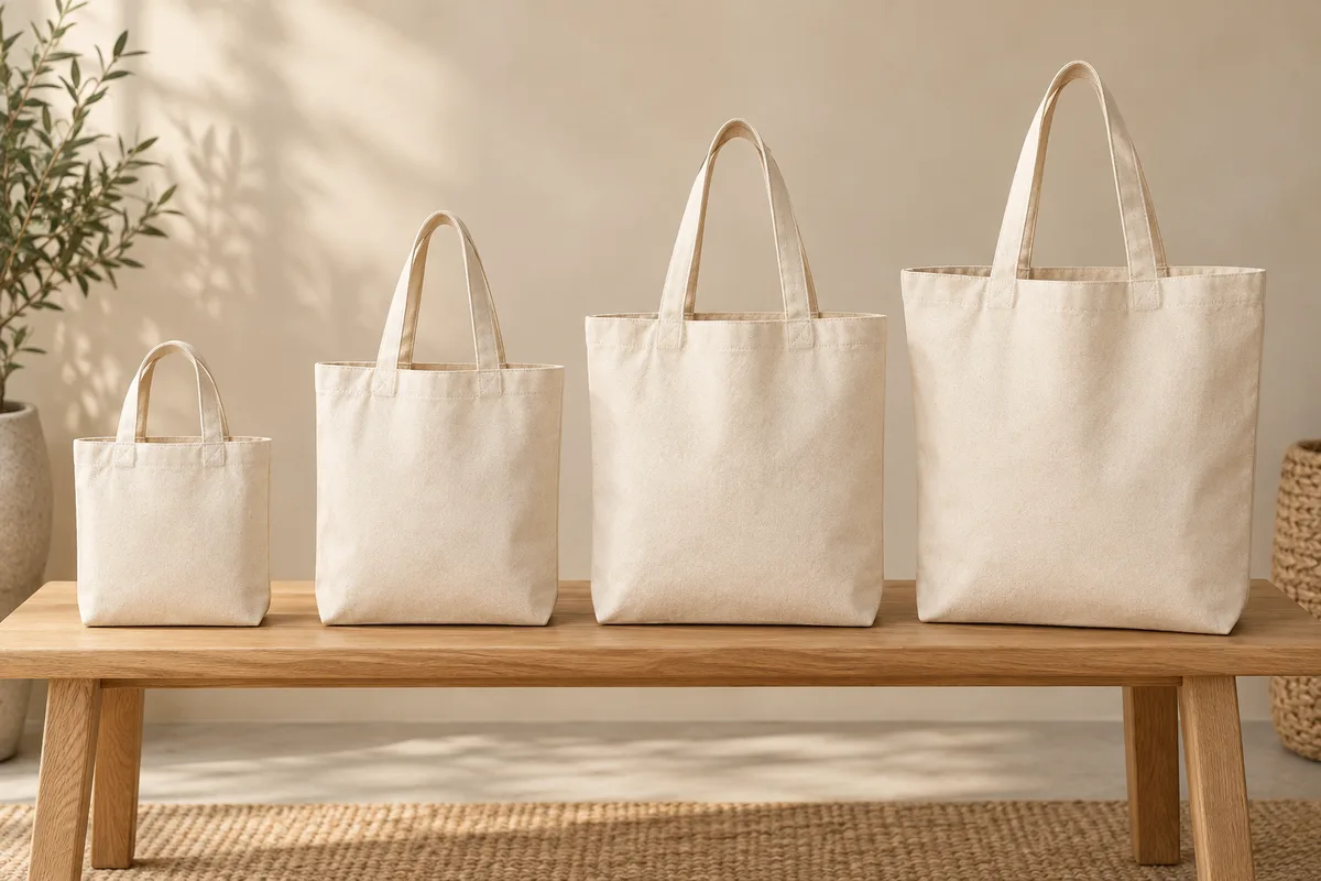 Four plain natural-ecru cotton canvas tote bags in ascending sizes, all fully visible with handles up on an oak bench in a beige studio