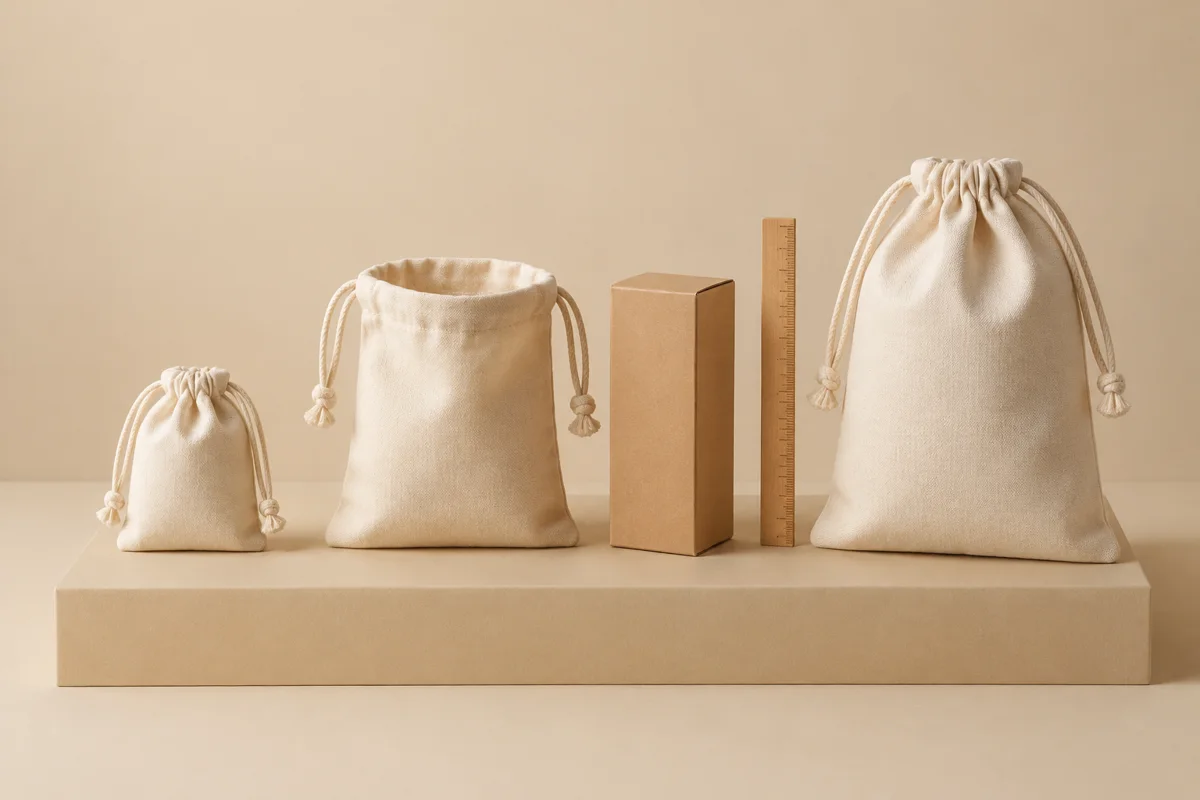 Three complete cotton drawstring pouches beside a plain carton and ruler on a beige studio block
