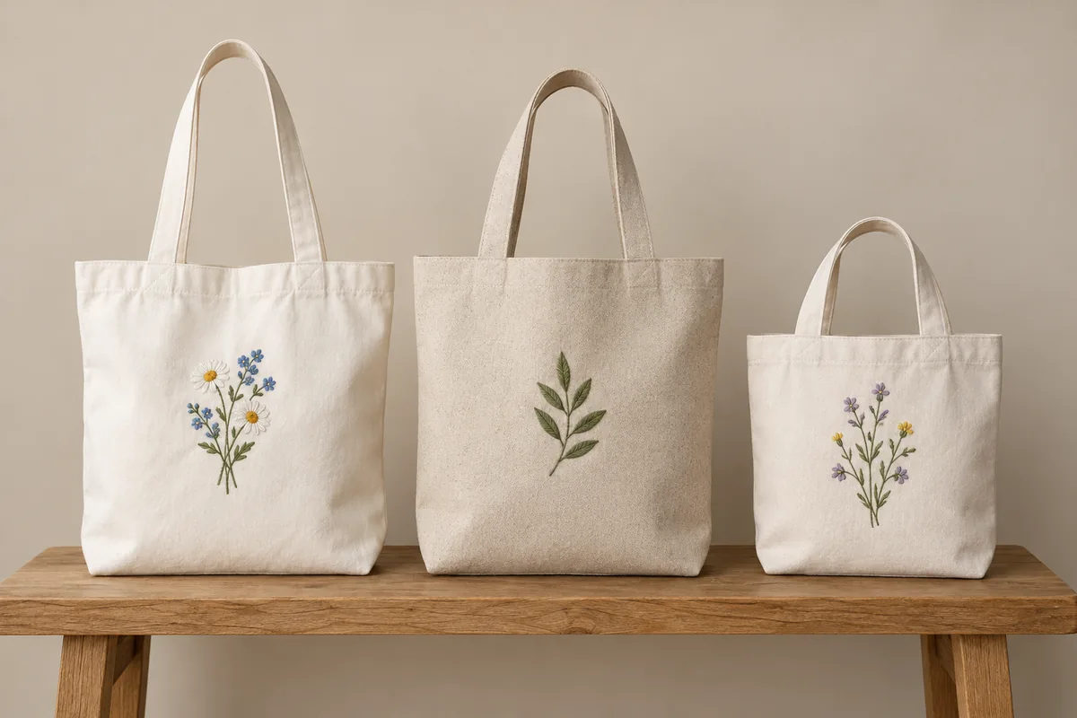 Two cotton tote bags with small embroidered floral motifs and a canvas tote with an embroidered leaf motif, all fully visible on an oak bench in a beige studio