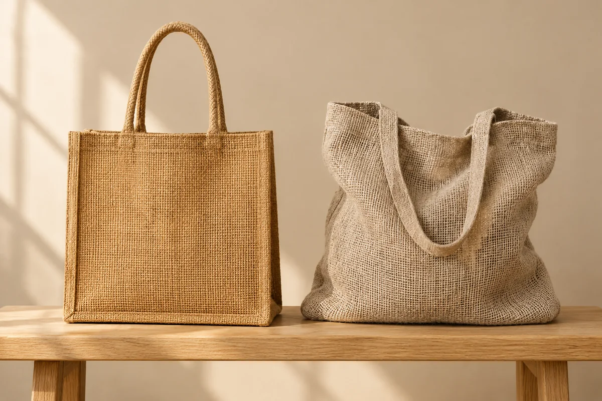 A structured golden jute tote beside a slouched pale hessian burlap bag on a beige studio shelf