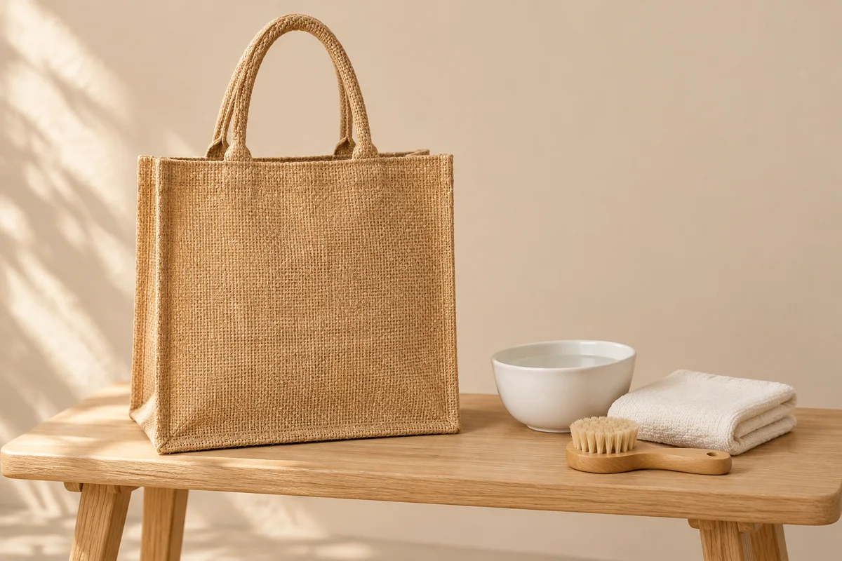 Complete natural jute tote bag standing on a light wooden bench beside a small water bowl, soft cloth and gentle brush in a warm beige studio