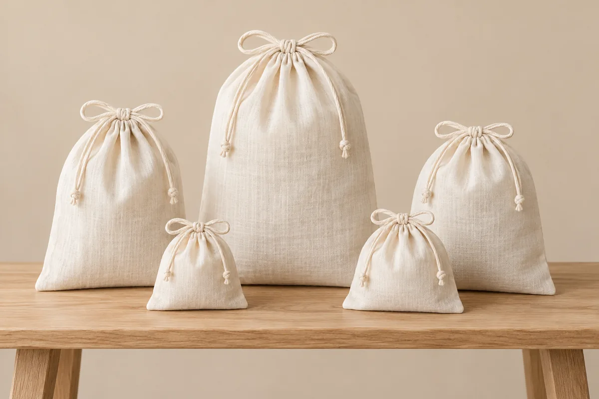 Five plain natural-cream cotton muslin drawstring pouches in assorted sizes, all fully visible with tied cord bows on an oak bench in a beige studio