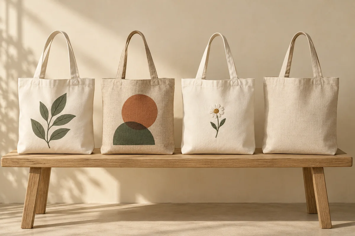 Four tote bags showing a leaf print, an abstract print, embroidery and a plain finish