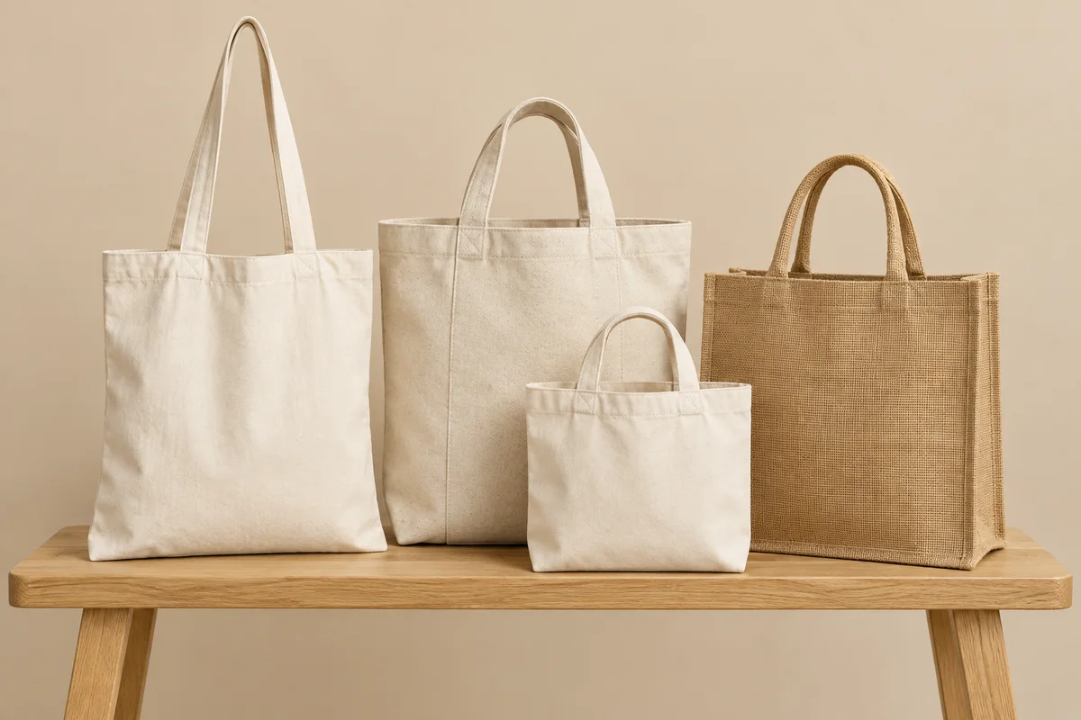 Four reusable grocery tote bags in cotton, canvas and jute standing on an oak bench in a beige studio