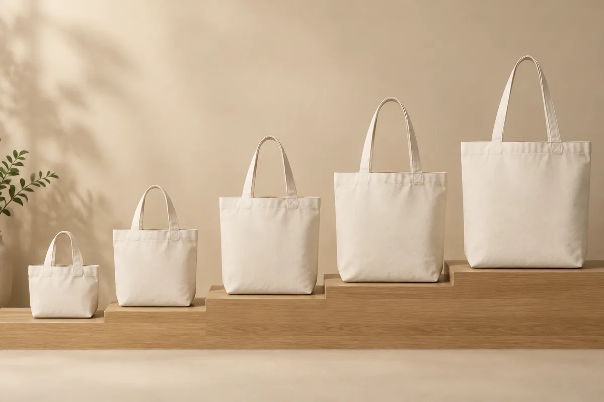 Plain cotton tote bags in graduated sizes on a stepped shelf