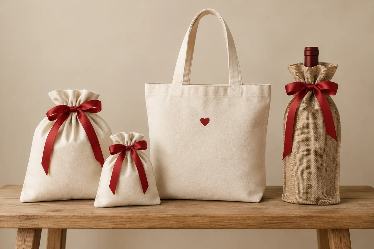 Two cotton drawstring pouches with red ribbons, a cotton tote with a small red heart motif and a jute wine bag with a red bow on an oak bench in a beige studio