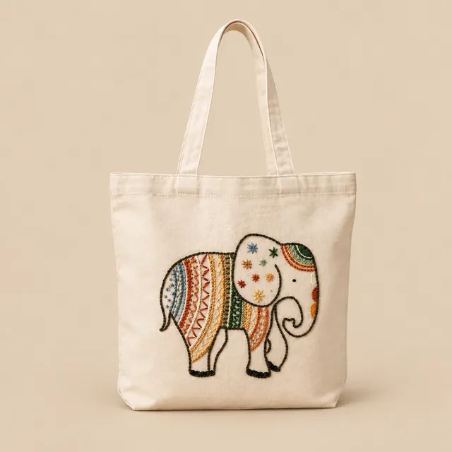 Hand-Embroidered Cotton Tote, Boho Elephant for wholesale, bulk supply