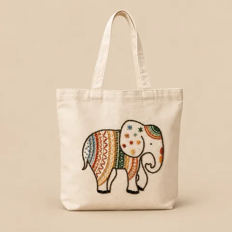 Hand-Embroidered Cotton Tote, Boho Elephant for wholesale, bulk supply