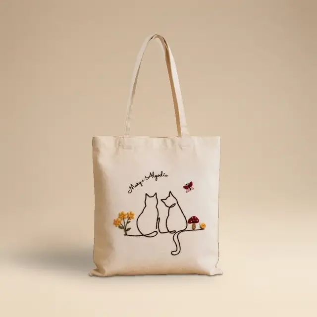 Hand-Embroidered Cotton Tote, Cat and Bloom for wholesale, bulk supply