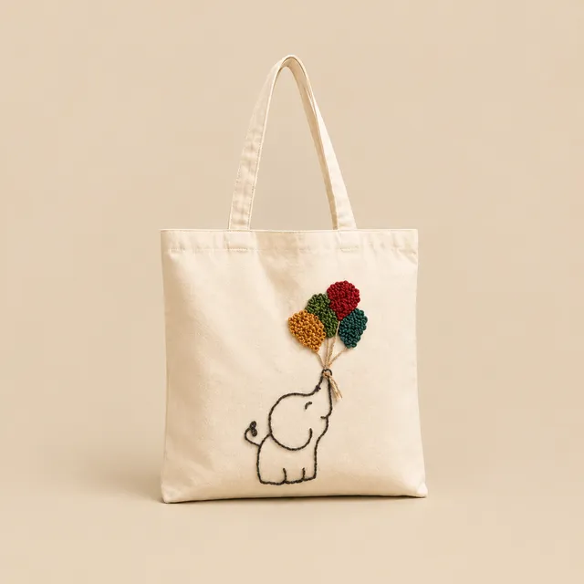 Hand-Embroidered Cotton Tote, Elephant and Bloom for wholesale, bulk supply