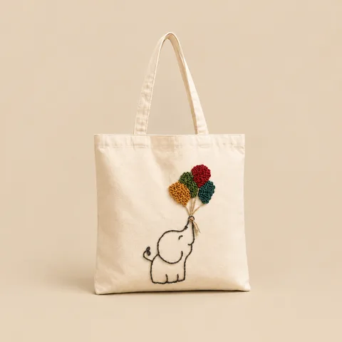 Hand-Embroidered Cotton Tote, Elephant and Bloom for wholesale, bulk supply
