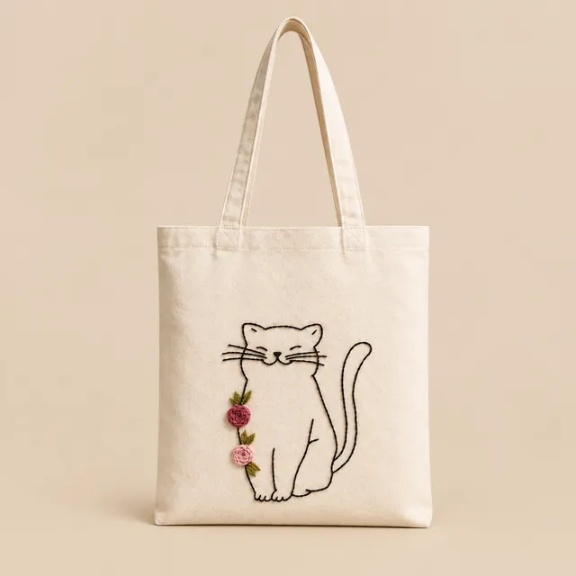 Hand-Embroidered Cotton Tote, Floral Cat for wholesale, bulk supply