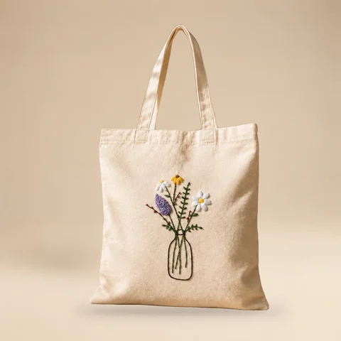Hand-Embroidered Cotton Tote, Wildflower Vase for wholesale, bulk supply