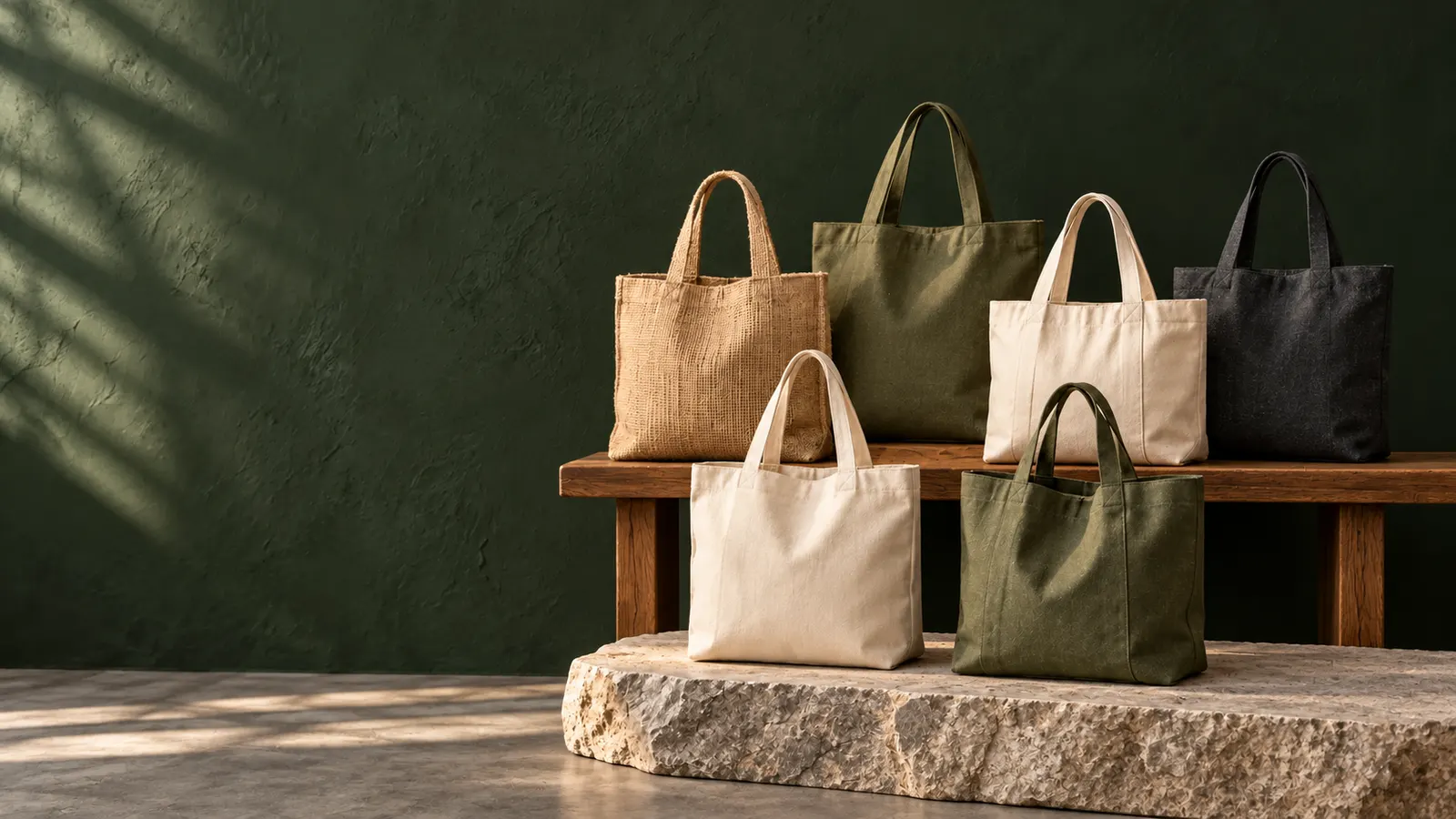 Natural jute, cream cotton, olive and charcoal canvas tote bags grouped on an oak bench and stone plinth against a deep green wall